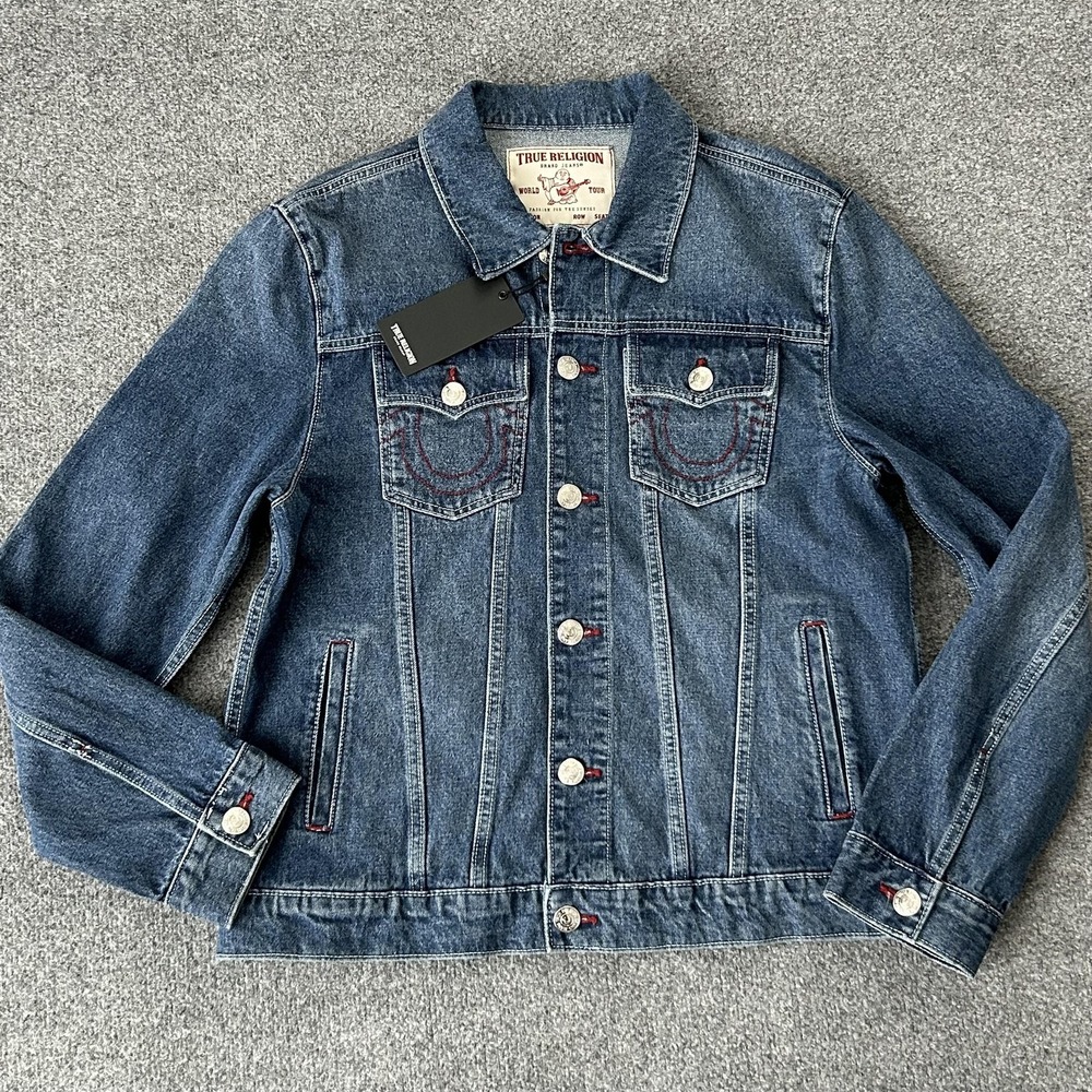 True Religion‎ Jacket Mens Medium Blue Jesse SN Trucker Denim Jean Logo Patch
